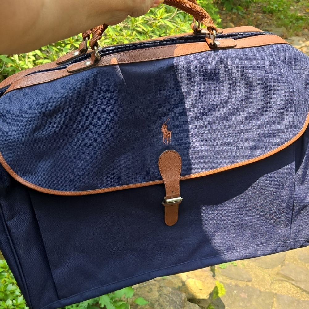 Ralph Lauren Blue & Tan Classic Traveler Tote. W/shoulder Strap 22x10 NEW